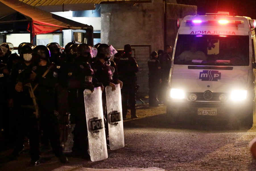 An ambulance leaves from the Litoral penitentiary after a riot, in Guayaquil, Ecuador on Sept. 28, 2021. (AP Photo/Angel DeJesus)