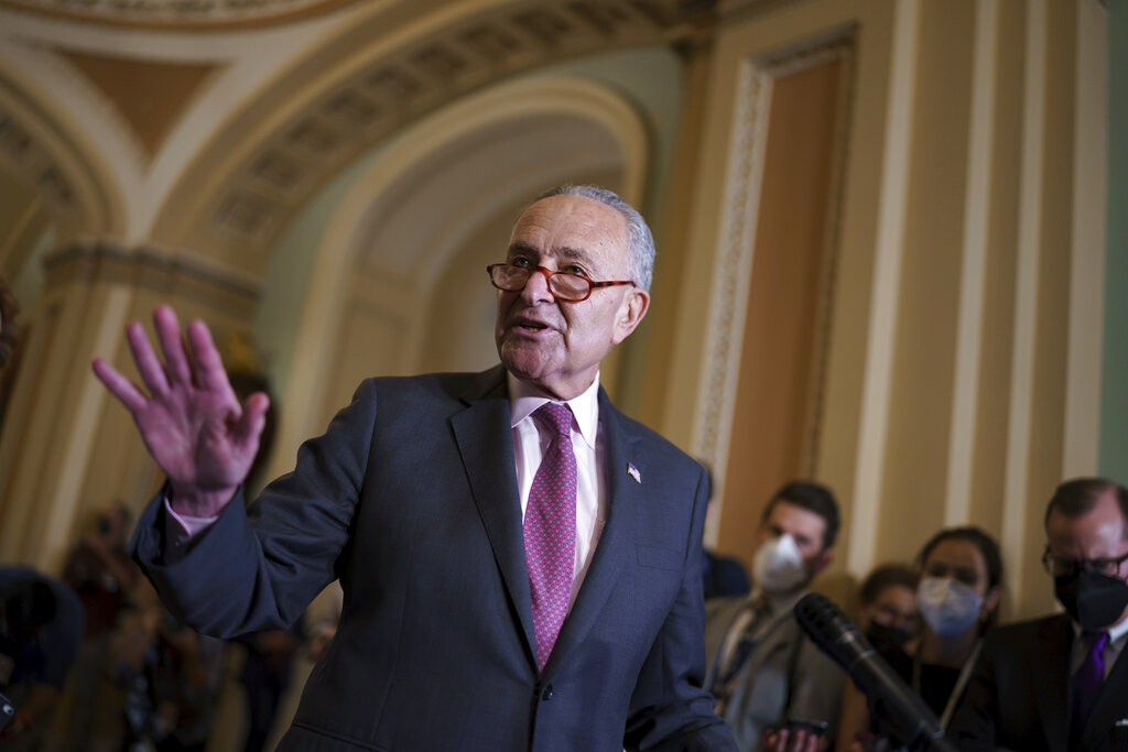 In this Sept. 28, 2021, file photo, Senate Majority Leader Chuck Schumer, D-N.Y., speaks to reporters after a Democratic policy meeting at the Capitol in Washington. (AP Photo/J. Scott Applewhite)