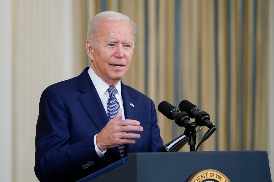 President Joe Biden speaks from the State Dining Room of the White House in Washington, Friday, Sept. 3, 2021, on the August jobs report. (AP Photo/Susan Walsh)