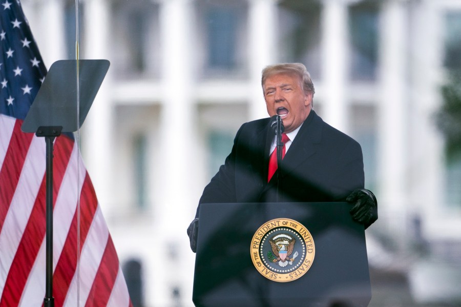 In this Jan. 6, 2021, file photo President Donald Trump speaks during a rally protesting the electoral college certification of Joe Biden as President in Washington. The Biden administration will have a big say in whether the government releases information to Congress on the actions of former president Donald Trump and his aides on Jan. 6. But there could be a lengthy court battle before any details come out. (AP Photo/Evan Vucci)