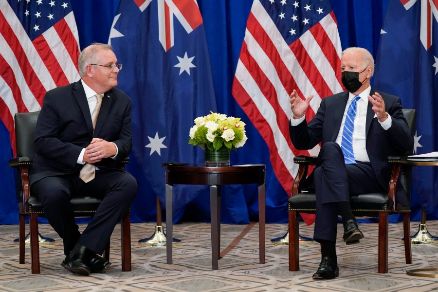 In this Sept. 21, 2021, file photo President Joe Biden meets with Australian Prime Minister Scott Morrison at the Intercontinental Barclay Hotel during the United Nations General Assembly in New York. Biden is set to host the first ever in-person gathering of leaders of the Indo-Pacific alliance known as "the Quad” on Friday, wrapping up a tough week of diplomacy in which he faced no shortage of criticism from both allies and adversaries. (AP Photo/Evan Vucci)