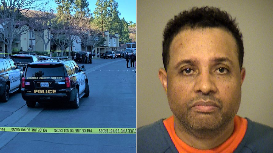 Deputies respond to a report of a shooting at an apartment complex in Thousand Oaks on Jan. 11, 2021. (Ventura County Sheriff’s Office) On the right, Tim Gautier is seen in a photo released by the Sheriff's Office on Jan. 12, 2021.