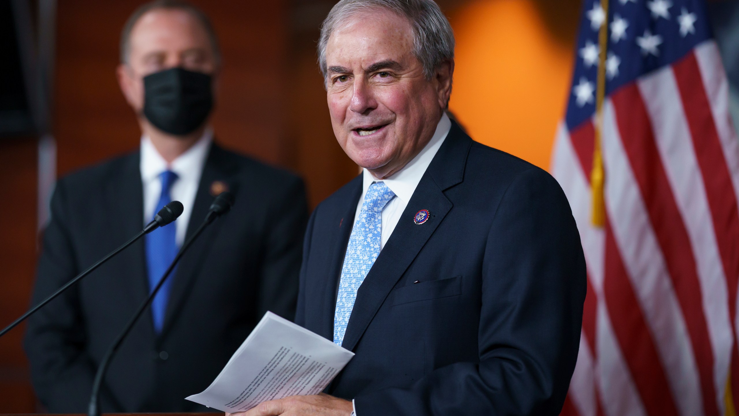 In this Sept. 21, 2021, file photo House Budget Committee Chair John Yarmuth, D-Ky., joined at left by House Intelligence Committee Chairman Adam Schiff, D-Calif., talks to reporters at the Capitol in Washington. (AP Photo/J. Scott Applewhite)