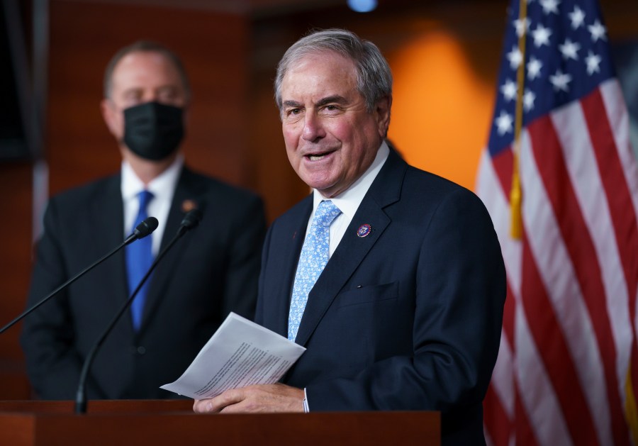 In this Sept. 21, 2021, file photo House Budget Committee Chair John Yarmuth, D-Ky., joined at left by House Intelligence Committee Chairman Adam Schiff, D-Calif., talks to reporters at the Capitol in Washington. (AP Photo/J. Scott Applewhite)