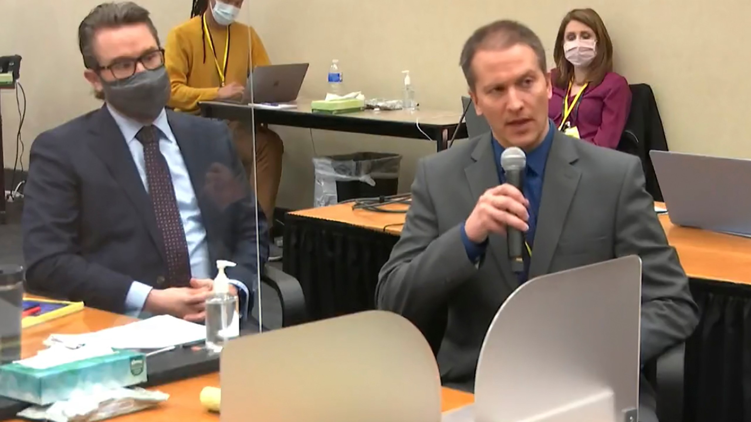 In this April 15, 2021, file image from video, defense attorney Eric Nelson, left, and defendant, former Minneapolis police Officer Derek Chauvin, address Hennepin County Judge Peter Cahill at the Hennepin County Courthouse in Minneapolis. Chauvin, convicted of murder in the death of George Floyd, is scheduled to be arraigned Thursday, Sept. 16, 2021, for allegedly violating the civil rights of a teenager in a separate case that involved a restraint similar to the one used on Floyd. (Court TV via AP, Pool File)