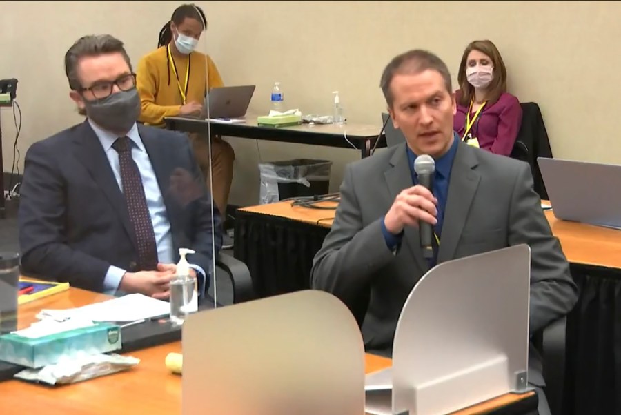 In this April 15, 2021, file image from video, defense attorney Eric Nelson, left, and defendant, former Minneapolis police Officer Derek Chauvin, address Hennepin County Judge Peter Cahill at the Hennepin County Courthouse in Minneapolis. Chauvin, convicted of murder in the death of George Floyd, is scheduled to be arraigned Thursday, Sept. 16, 2021, for allegedly violating the civil rights of a teenager in a separate case that involved a restraint similar to the one used on Floyd. (Court TV via AP, Pool File)