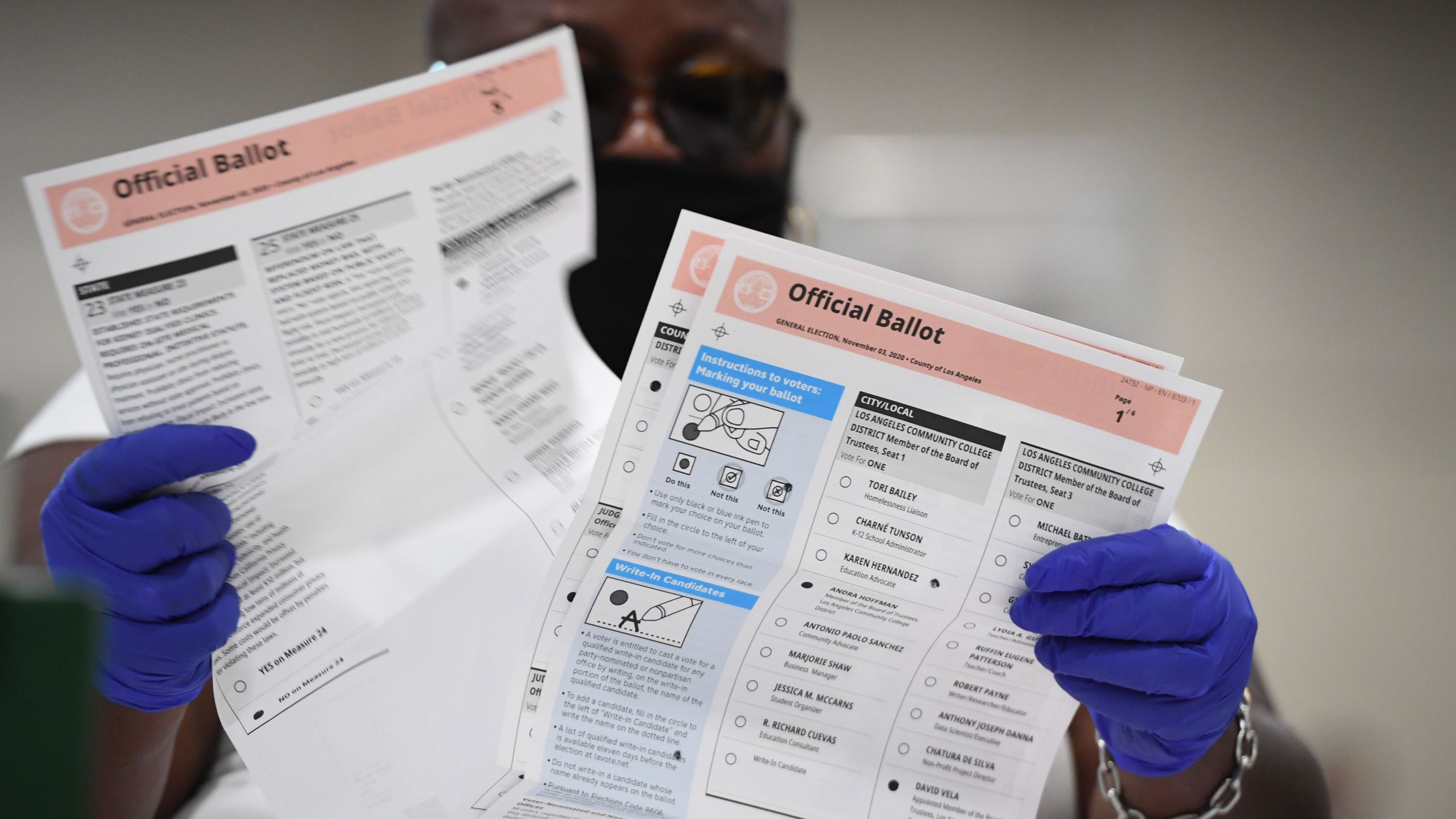 Election workers extract mail-in ballots from their envelopes and examine the ballot for irregularities at the Los Angeles County Registrar Recorders' mail-in ballot processing center at the Pomona Fairplex on Oct. 28, 2020. (Robyn Beck / AFP / Getty Images)