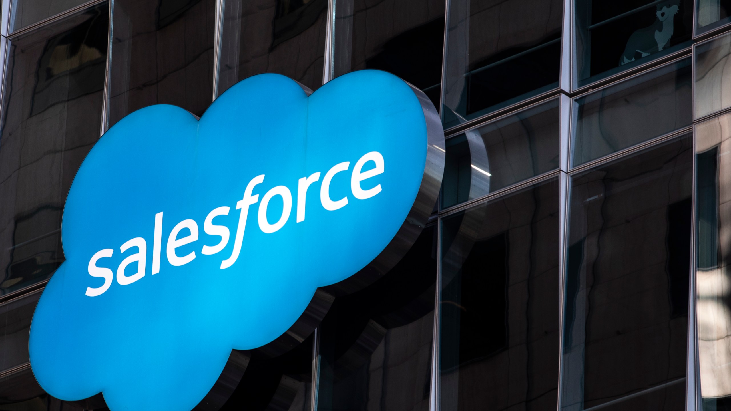 The Salesforce logo is seen at its headquarters on December 1, 2020 in San Francisco, California. (Stephen Lam/Getty Images)