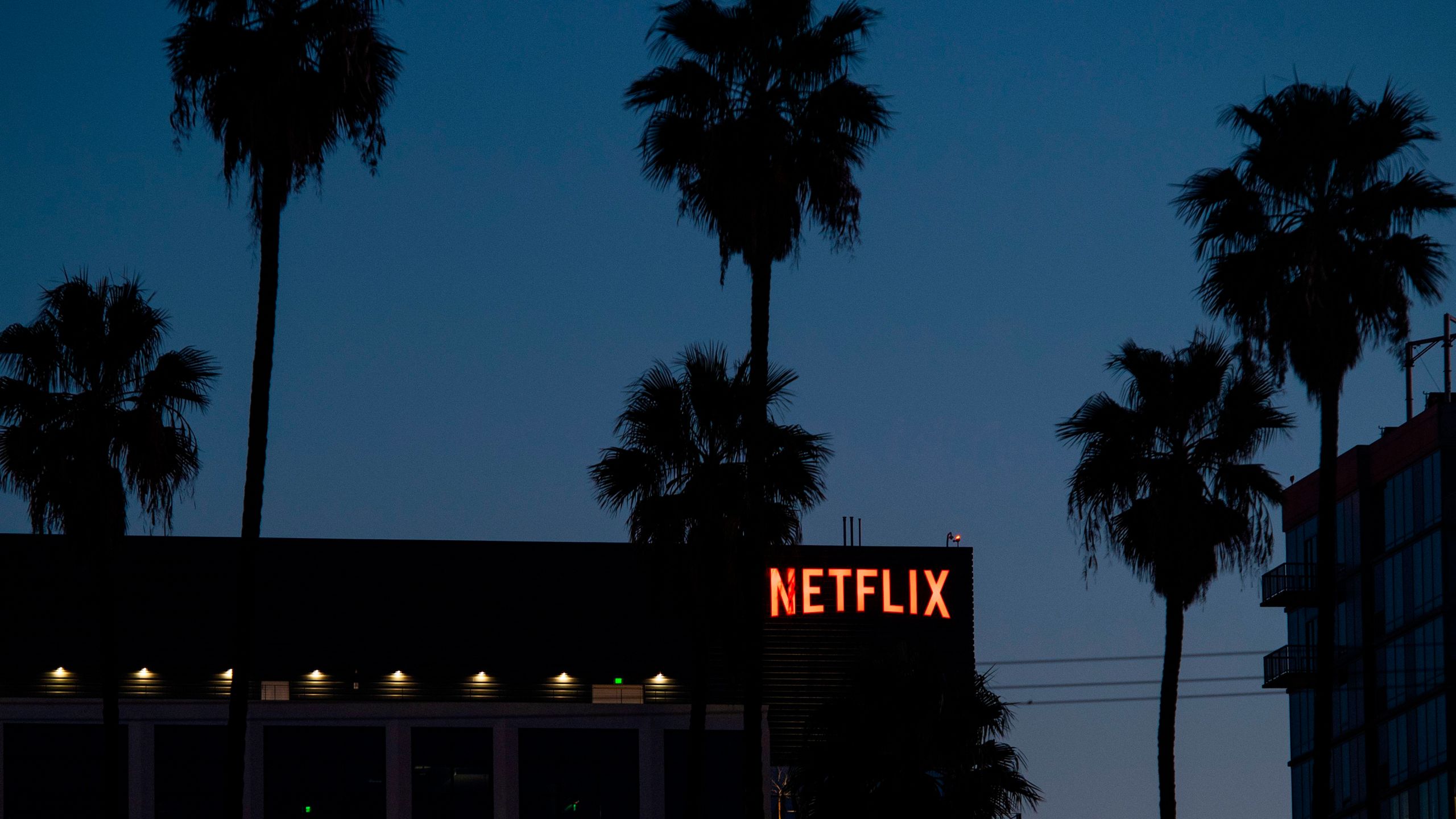 The Netflix logo sign is seen on top of its office building on Feb. 4, 2021 in Hollywood, California. (VALERIE MACON/AFP via Getty Images)