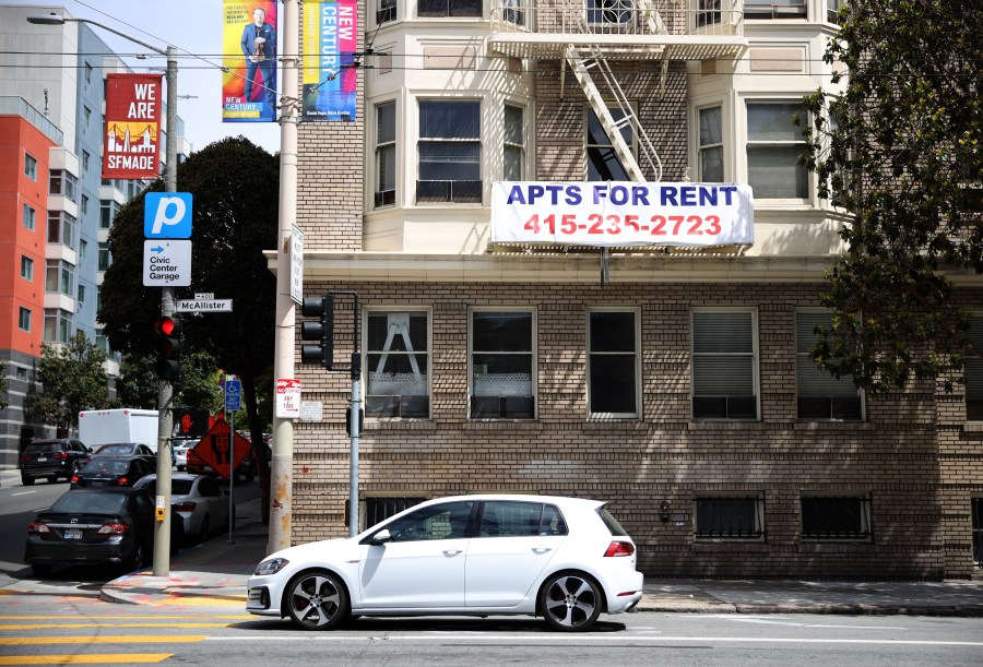 A "for rent" sign is posted on the exterior of an apartment building in San Francisco on June 2, 2021. (Justin Sullivan / Getty Images)