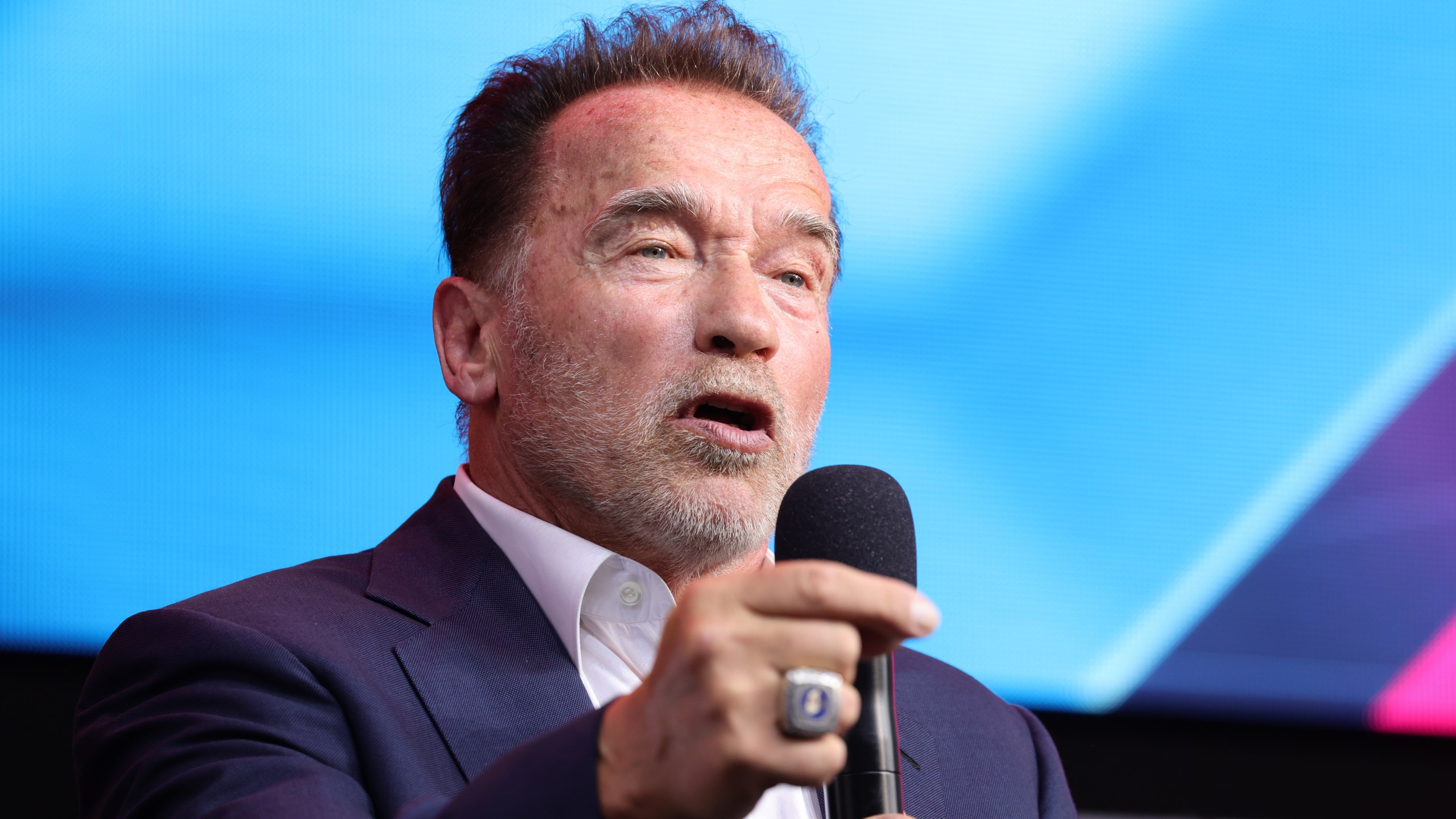 Arnold Schwarzenegger speaks in his keynote about digital sustainability during the Digital X event on September 07, 2021 in Cologne, Germany. (Andreas Rentz/Getty Images)