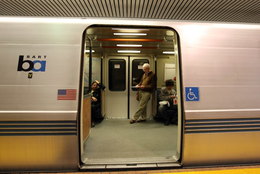 Bay Area Rapid Transit (BART) passengers wait onboard a train at the Powell Street station on May 12, 2008, in San Francisco, California.(Justin Sullivan/Getty Images)