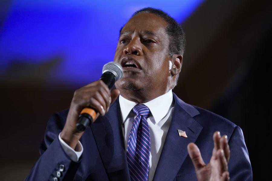 Republican conservative radio show host Larry Elder speaks to supporters after losing the California gubernatorial recall election on Sept. 14, 2021, in Costa Mesa, Calif. (AP Photo/Ashley Landis)