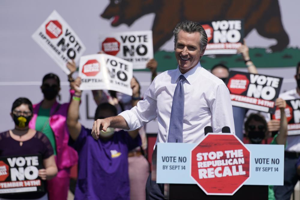 California Gov. Gavin Newsom speaks before Vice President Kamala Harris during an event at the IBEW-NECA Joint Apprenticeship Training Center in San Leandro on Sept. 8, 2021. (AP Photo/Carolyn Kaster)