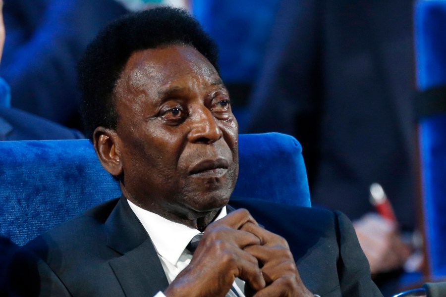 In this Dec. 1, 2017 file photo, Brazilian soccer legend Pele attends the 2018 soccer World Cup draw in the Kremlin in Moscow. On his social media accounts, Pele said on Monday, Sept. 6, 2021 that an apparent tumor on the right side of his colon had been removed in an operation. (AP Photo/Alexander Zemlianichenko)