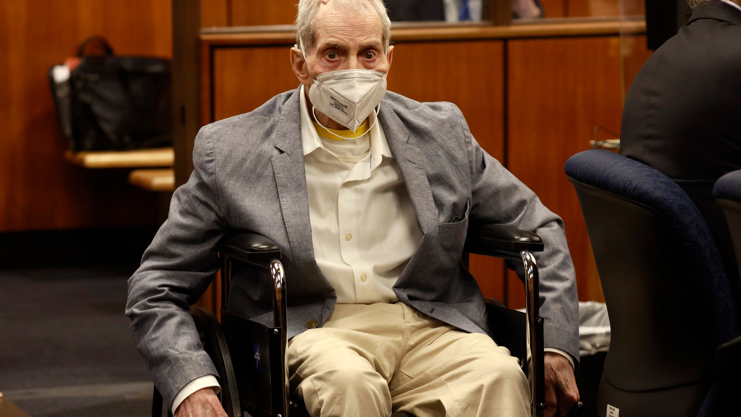 Robert Durst in his wheelchair spins in place as he looks at people in the courtroom as he appears in a courtroom in Inglewood, Calif. on Wednesday, Sept. 8, 2021, with his attorneys for closing arguments presented by the prosecution in the murder trial of the New York real estate scion who is charged with the longtime friend Susan Berman's killing in Benedict Canyon just before Christmas Eve 2000. (Al Seib/Los Angeles Times via AP, Pool)