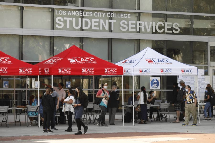 Los Angeles City College students gather for in-person classes this fall, which comes as college officials are investigating attempted financial aid fraud systemwide. (Al Seib / Los Angeles Times)