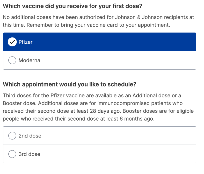 A screen grab from the state's MyTurn vaccine appointment website shows where users can indicate if they need a third dose of the Pfizer vaccine. 