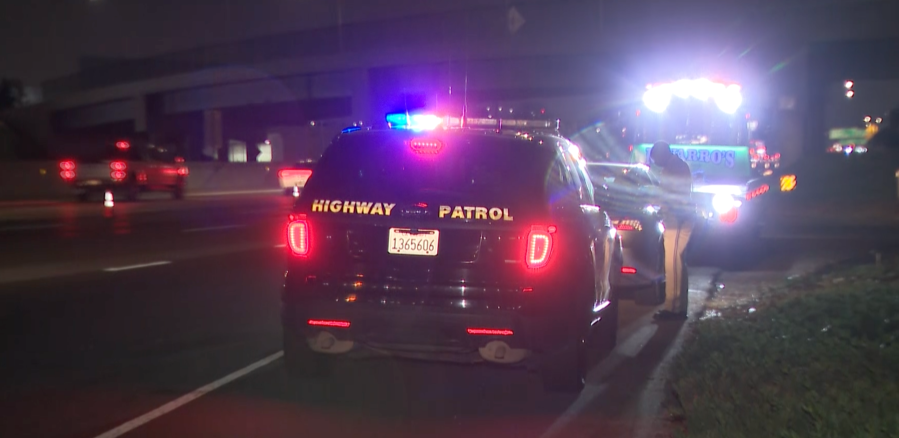 CHP responds to a reports of a shooting on the 10 Freeway in San Bernardino on Sept. 28, 2021. (KTLA)