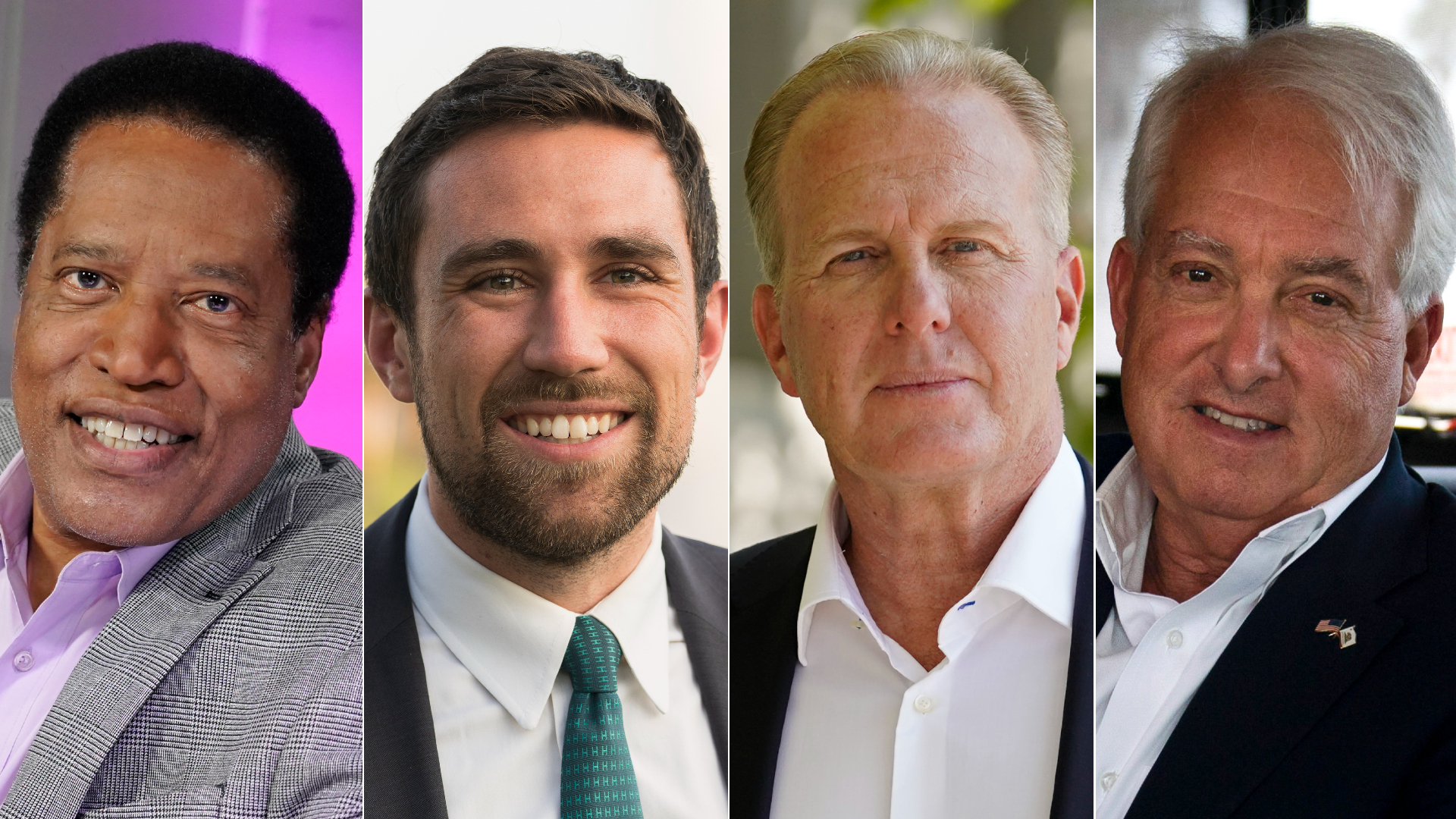 California gubernatorial candidates, from left: Radio talk show host Larry Elder in his studio in Burbank on July 12, 2021; Kevin Paffrath at a campaign rally at Echo Park Lake on Aug. 25, 2021; former San Diego mayor Kevin Faulconer outside the headquarters of the California Supreme Court in San Francisco on Sept. 8, 2021; and John Cox on his campaign bus in Santa Monica on Sept. 9, 2021. (Associated Press)