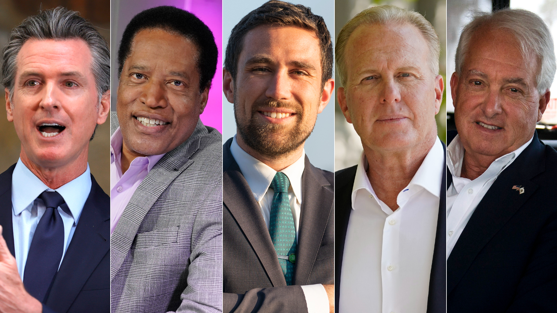 Gov. Gavin Newsom, Larry Elder, Kevin Paffrath, Kevin Faulconer and John Cox. (Getty Images, Associated Press)