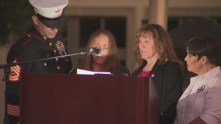 Lance Cpl. Dylan Merola's mother Cheryl Rex speaks during a remembrance in Rancho Cucamonga on Sept. 2, 2021. (KTLA)