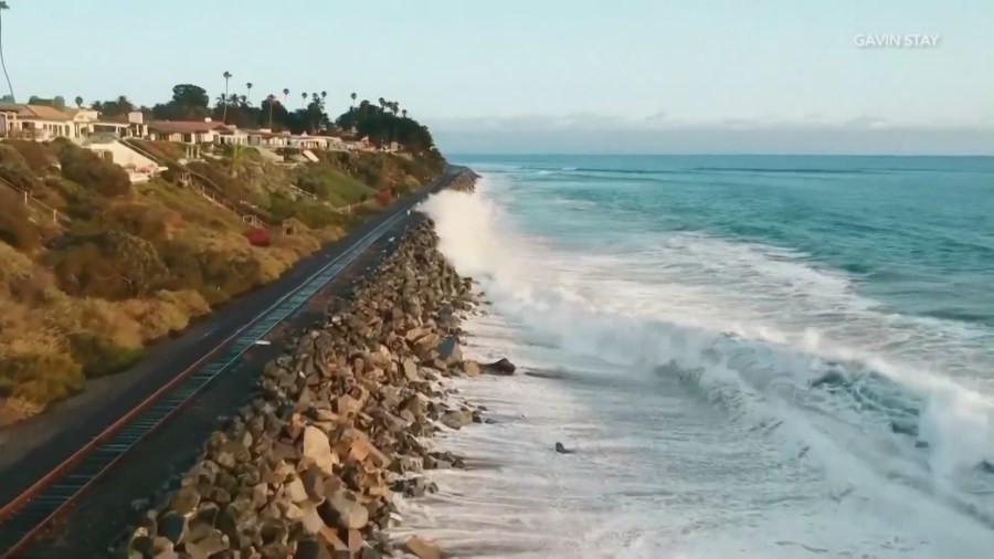 This Aug. 19. 2021, image shows large swell and high tide hitting against train tracks in San Clemente. (Gavin Stay)