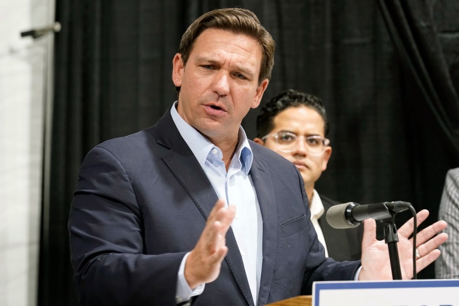 In this Wednesday, Aug. 18, 2021 file photo, Florida Governor Ron DeSantis speaks at the opening of a monoclonal antibody site in Pembroke Pines, Fla. (AP Photo/Marta Lavandier)