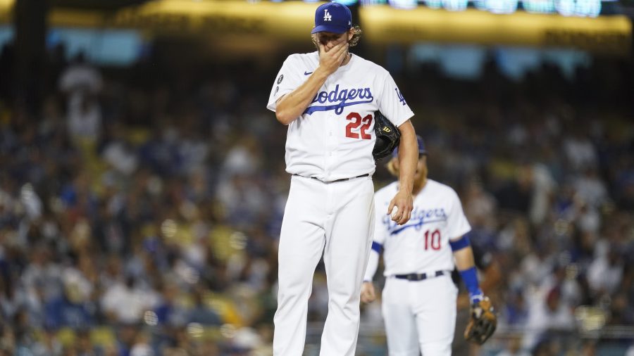 Los Angeles Dodgers starting pitcher Clayton Kershaw reacts on the mound before he exits the game during the second inning of a baseball game against the Milwaukee Brewers in Los Angeles on Oct. 1, 2021. (Ashley Landis / Associated Press)