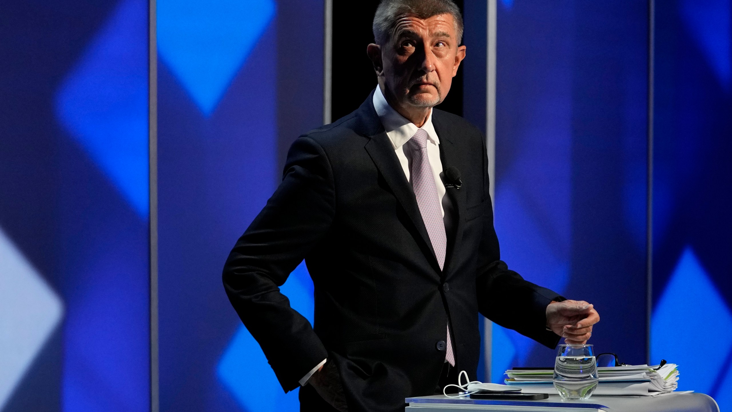 Czech Republic's Prime Minister Andrej Babis attends a TV debate ahead of the upcoming general election in Prague, Czech Republic, Sunday, Oct. 3, 2021. (AP Photo/Petr David Josek)