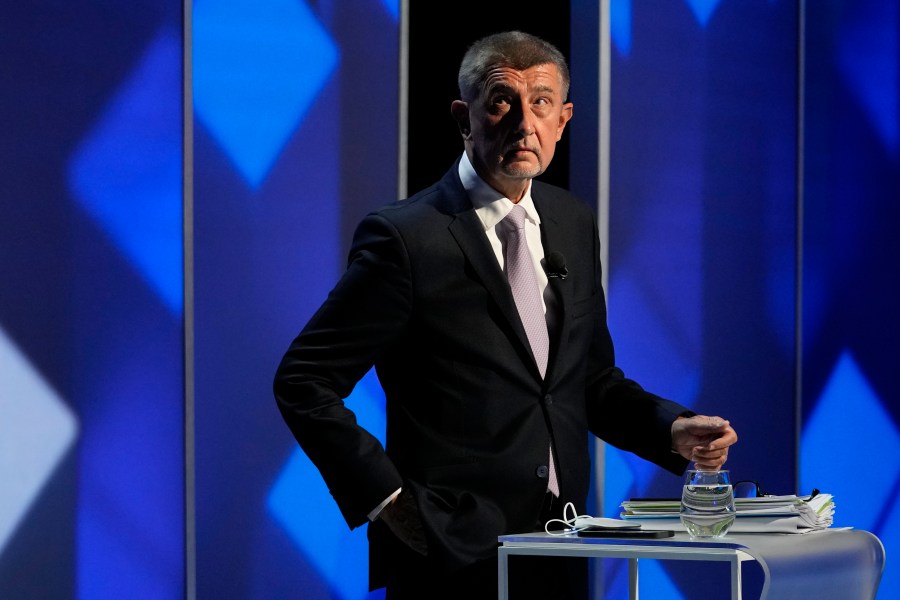 Czech Republic's Prime Minister Andrej Babis attends a TV debate ahead of the upcoming general election in Prague, Czech Republic, Sunday, Oct. 3, 2021. (AP Photo/Petr David Josek)