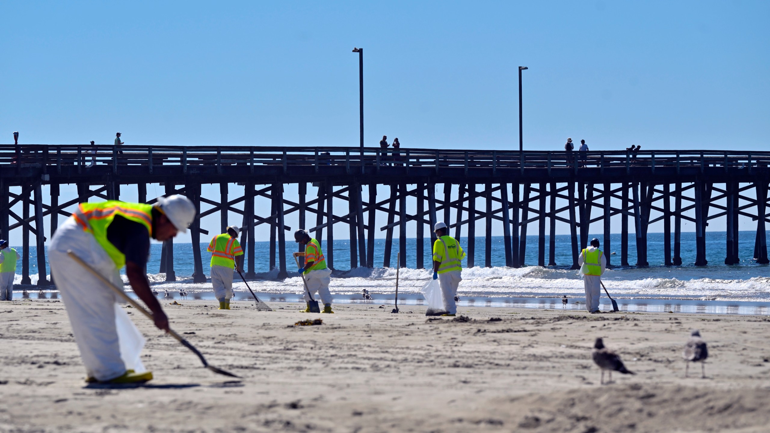 Workers clean oil from the sand, south of the pier, in Newport Beach, Calif., Tuesday, Oct. 5, 2021. A leak in an oil pipeline caused a spill off the coast of Southern California, sending about 126,000 gallons of oil into the ocean, some ending up on beaches in Orange County. (Jeff Gritchen/The Orange County Register via AP)