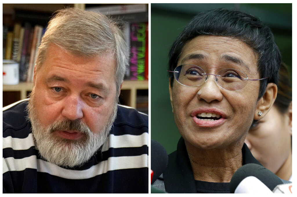 A combo of file images of Novaya Gazeta editor Dmitry Muratov, left, and of Rappler CEO and Executive Editor Maria Ressa. (AP Photo/Alexander Zemlianichenko and Aaron Favila, File)