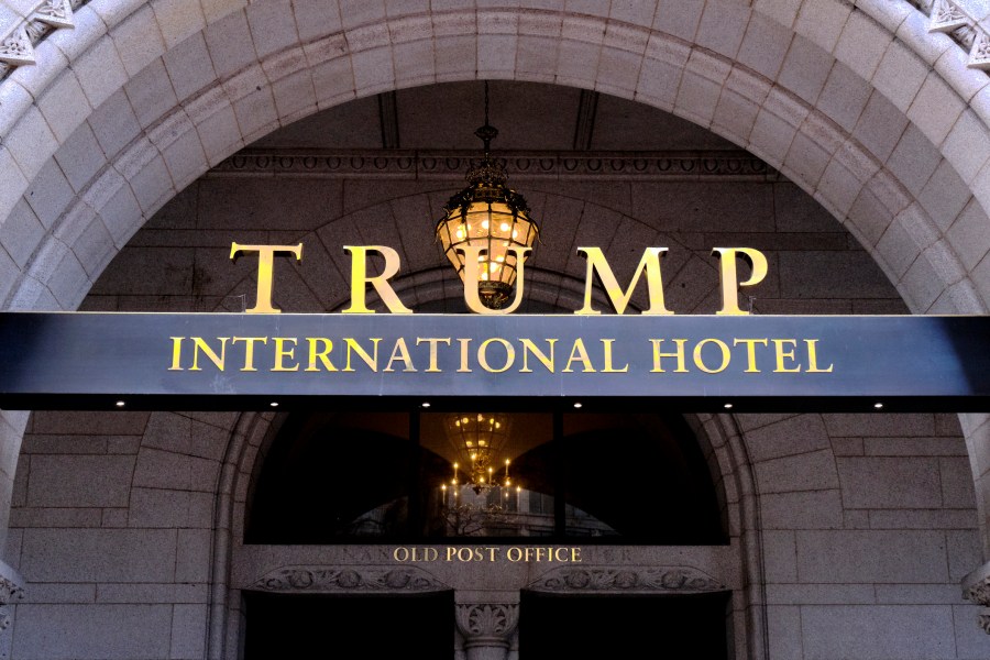 This March 11, 2019 file photo, shows the north entrance of the Trump International in Washington. Former President Donald Trump's company lost more than $70 million operating his Washington D.C. hotel while in office, forcing him at one point get a reprieve from a major bank on payments on a loan, according to documents released Friday, Oct. 8, 2021, by a House committee investigating his business. (AP Photo/Mark Tenally, File)