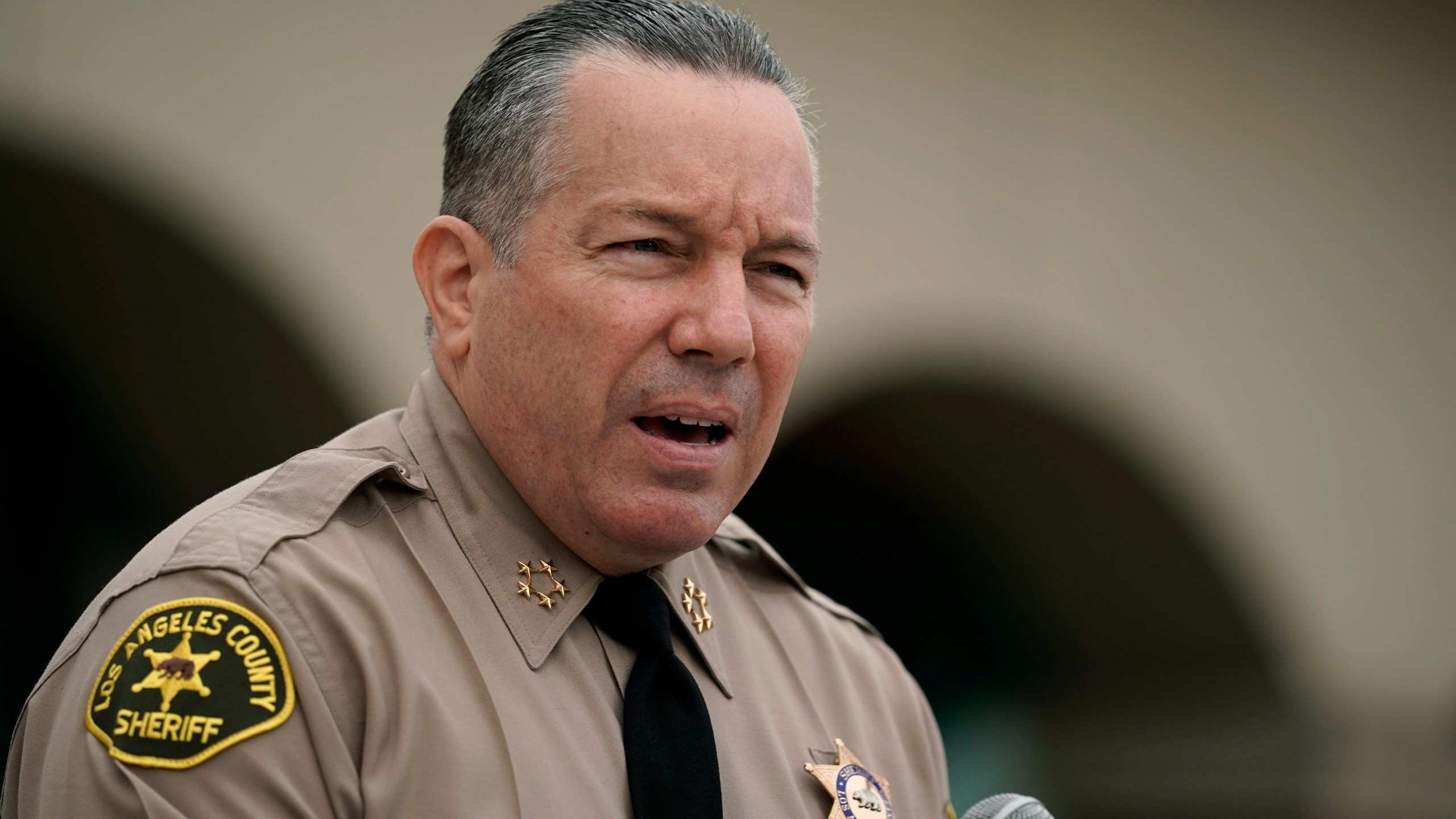 In this Sept. 10, 2020, file photo Los Angeles County Sheriff Alex Villanueva speaks at a news conference in Los Angeles.