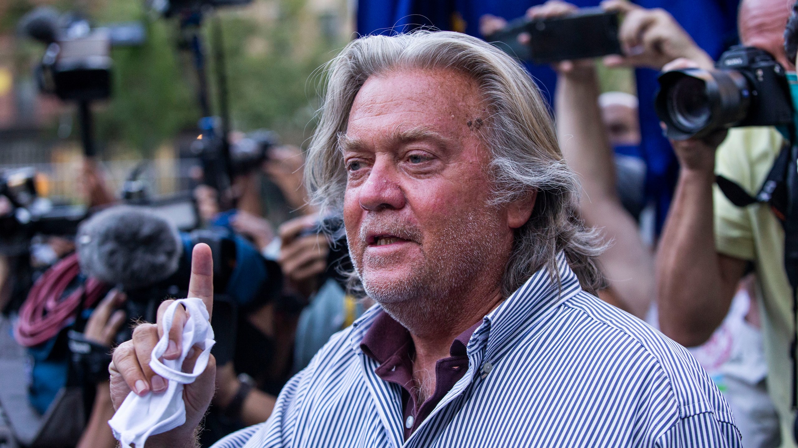 In this Aug. 20, 2020, file photo, President Donald Trump's former chief strategist Steve Bannon speaks with reporters in New York. A lawyer for Bannon says Bannon won’t comply with a congressional investigation into the Jan. 6 insurrection at the Capitol because President Donald Trump is asserting executive privilege to block demands for testimony and documents.(AP Photo/Eduardo Munoz Alvarez, File)