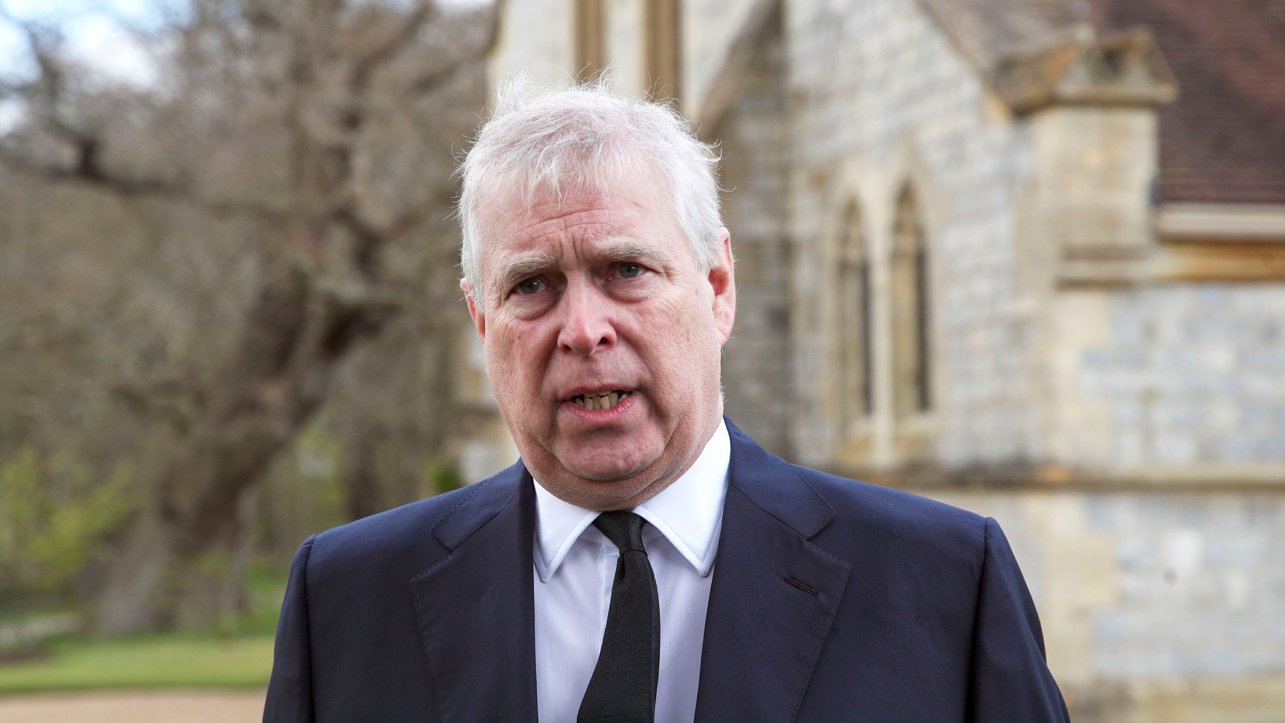 In this Sunday, April 11, 2021 file photo, Britain's Prince Andrew speaks during a television interview at the Royal Chapel of All Saints at Royal Lodge, Windsor, England. (Steve Parsons/Pool Photo via AP, File)