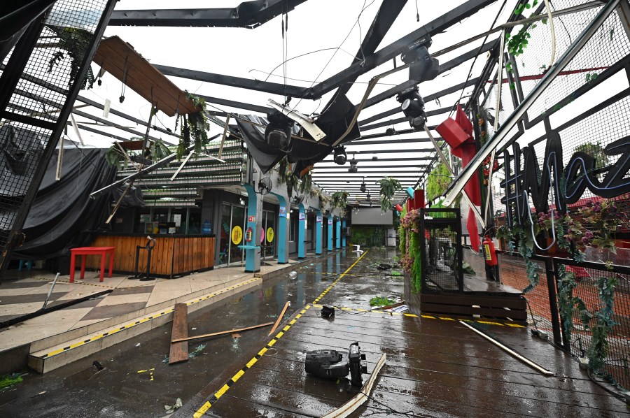 A commercial area is damaged after the passing of Hurricane Pamela in Mazatlan, Mexico, on Oct. 13, 2021. (Roberto Echeagaray / Associated Press)