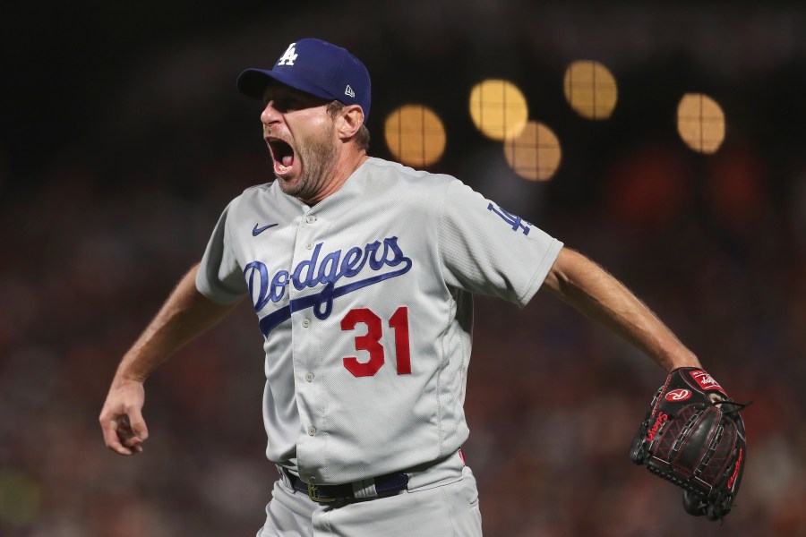 Los Angeles Dodgers pitcher Max Scherzer celebrates after the Dodgers defeated the San Francisco Giants in Game 5 of the National League Division Series Oct. 14, 2021, in San Francisco. (/Jed Jacobsohn/Associated Press)