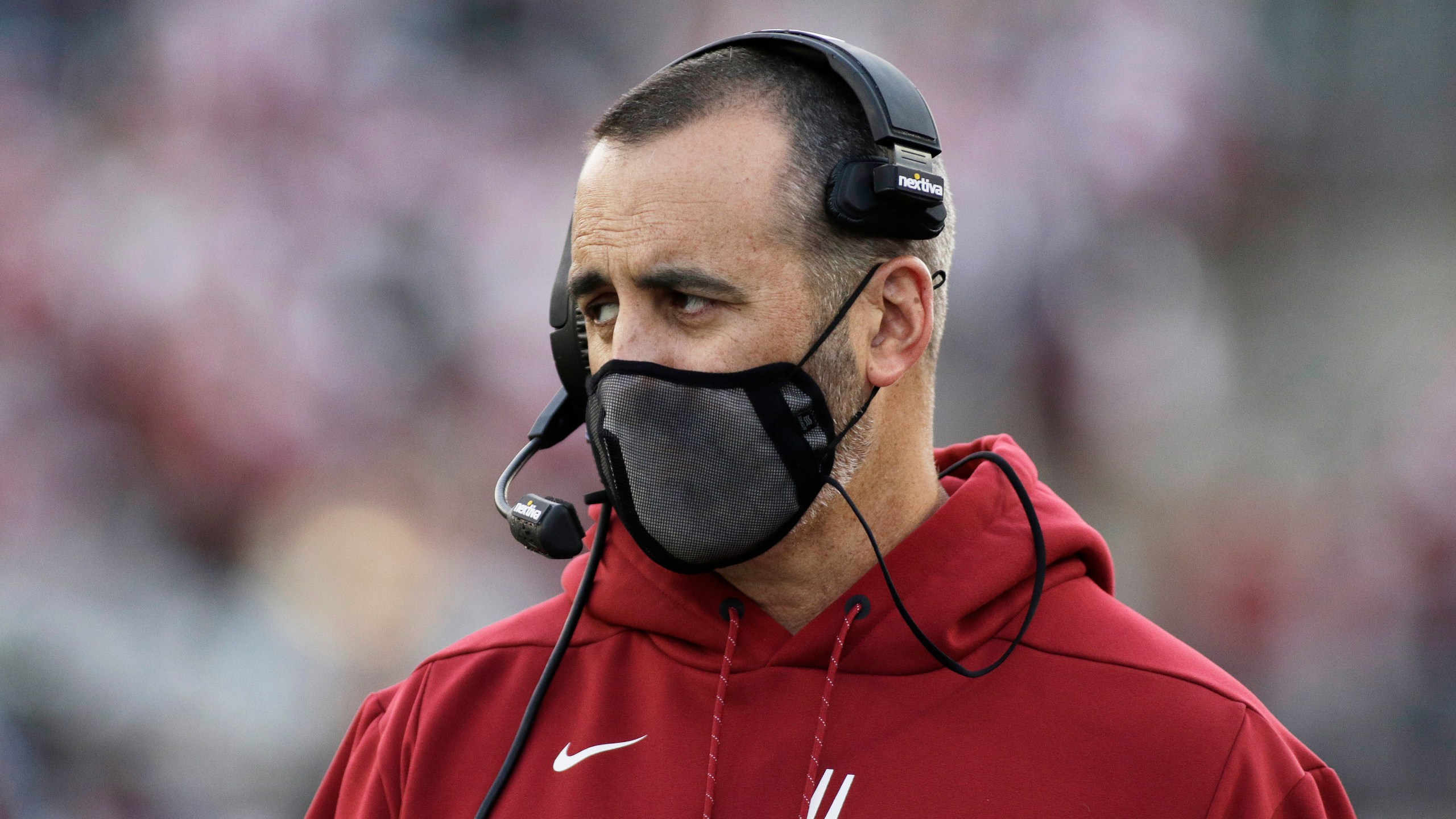 Washington State coach Nick Rolovich watches during the first half of the team's NCAA college football game against Stanford, Saturday, Oct. 16, 2021, in Pullman, Wash. (AP Photo/Young Kwak)