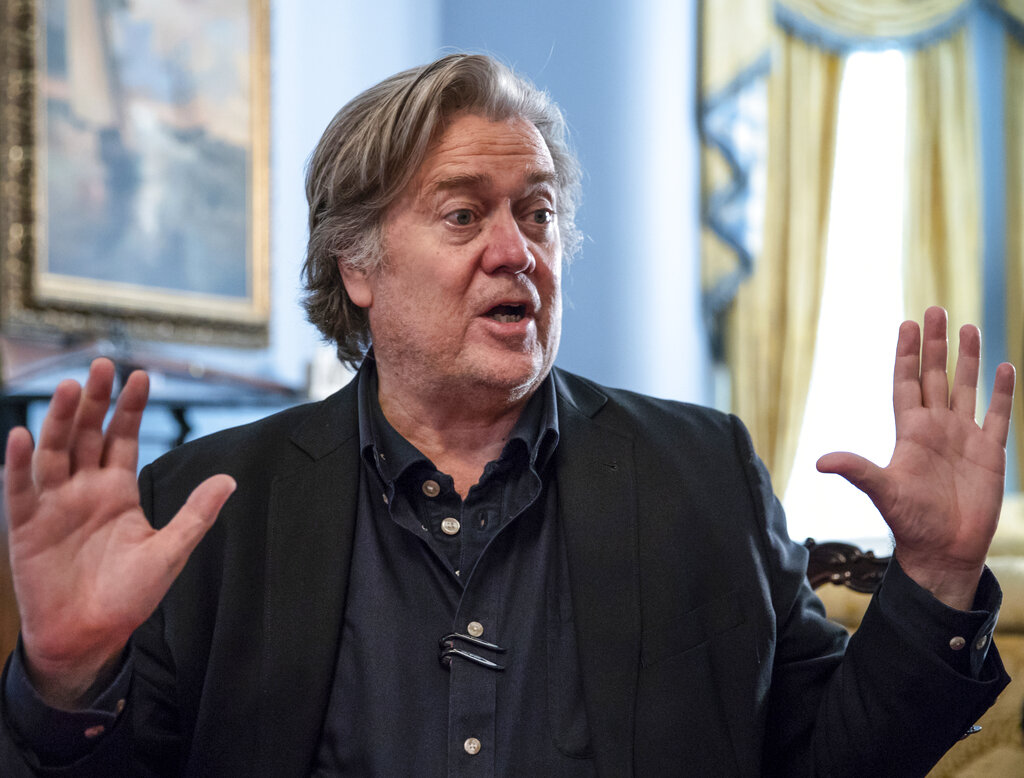 In this file photo from Sunday, Aug. 19, 2018, Steve Bannon, President Donald Trump's former chief strategist, talks about the approaching midterm election during an interview with The Associated Press, in Washington. (AP Photo/J. Scott Applewhite, file)