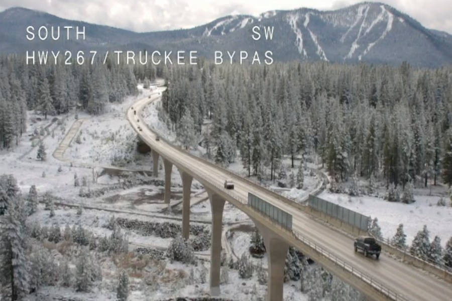 In this image from a Caltrans remote traffic video camera, traffic makes its way along Highway 267 in Truckee, Calif. on Oct. 18, 2021. (Caltrans via AP)