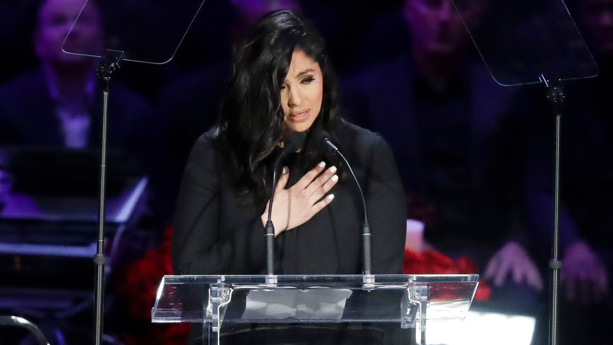 In this Feb. 24, 2020, file photo, Vanessa Bryant speaks during a celebration of life for her husband, Kobe Bryant, and daughter Gianna in Los Angeles. (AP Photo/Marcio Jose Sanchez, File)