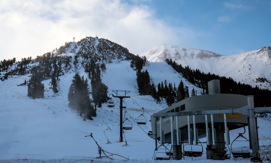 Snow falls on Mammoth Mountain Monday, Oct. 18, 2021, in Mammoth Lakes, Calif. (Peter Morning/MMSA via AP)