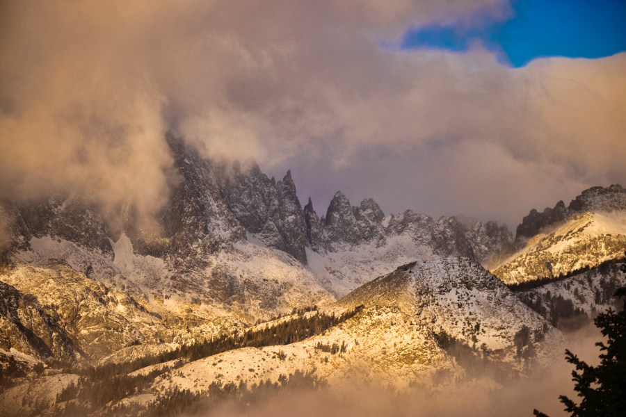 Snow falls on Mammoth Mountain Monday, Oct. 18, 2021, in Mammoth Lakes, Calif. (Peter Morning/MMSA via AP)