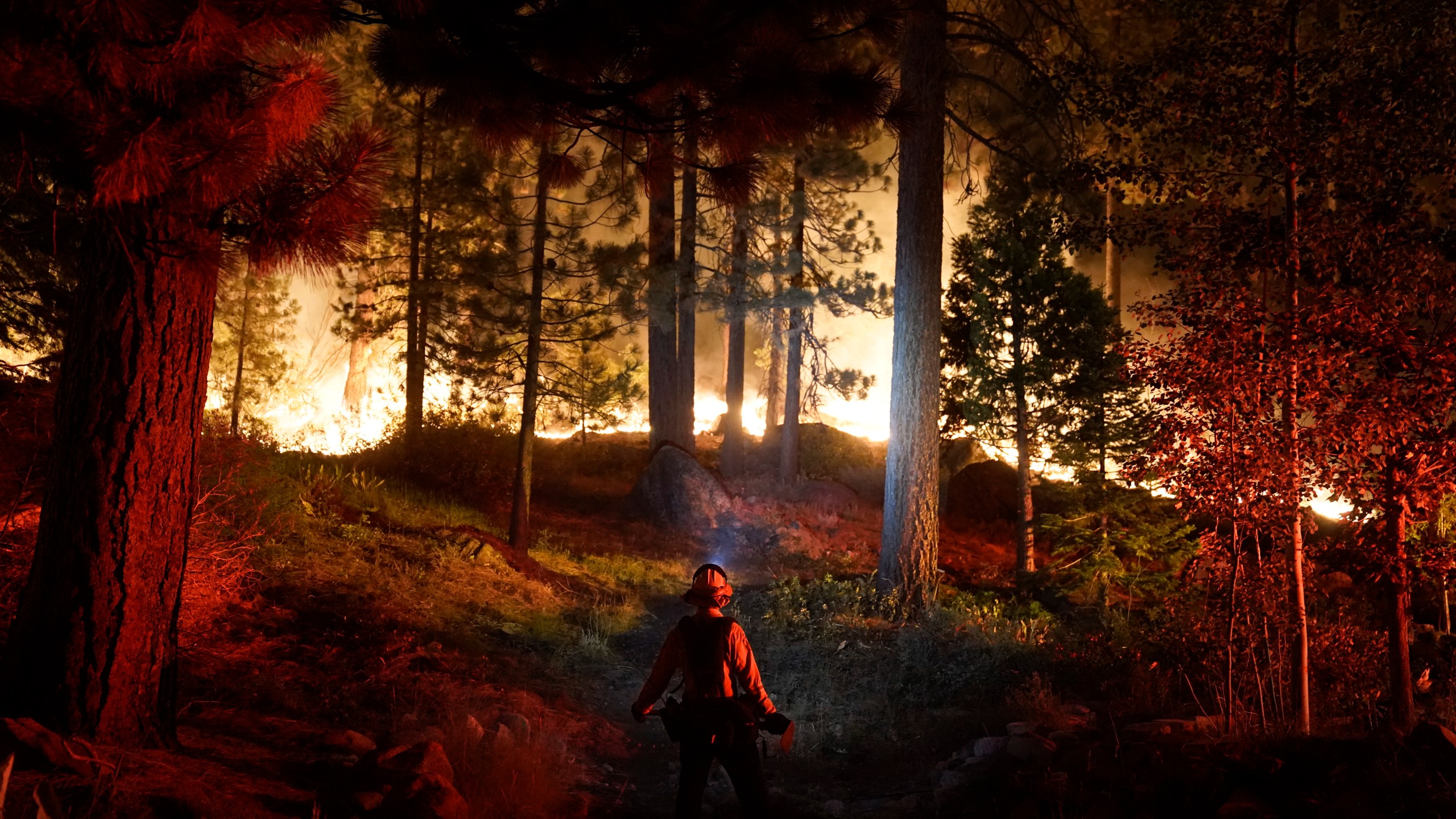 In this Aug. 30, 2021, file photo, a firefighter monitors the Caldor Fire burning near homes in South Lake Tahoe. (Jae C. Hong/Associated Press)