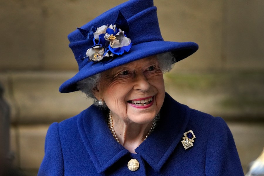 In this Oct. 12, 2021, file photo, Britain's Queen Elizabeth II, Patron, leaves after attending a Service of Thanksgiving to mark the Centenary of the Royal British Legion at Westminster Abbey in London. (AP Photo/Frank Augstein, Pool, File)