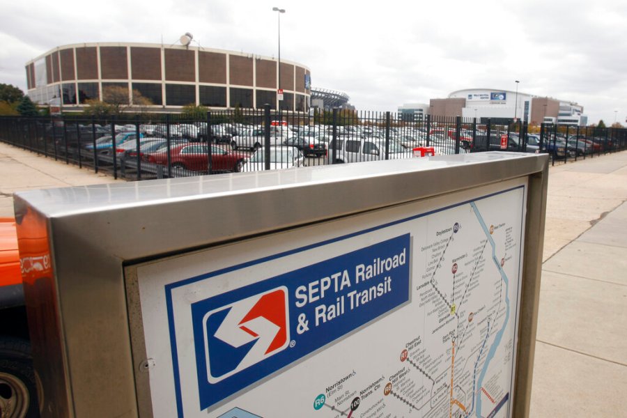 In this Friday, Oct. 30, 2009 file photo, A SEPTA transit map is shown outside the Pattison subway station near the Wachovia Spectrum, left, and the Wachovia center, right in Philadelphia. (AP Photo/Matt Slocum, File)