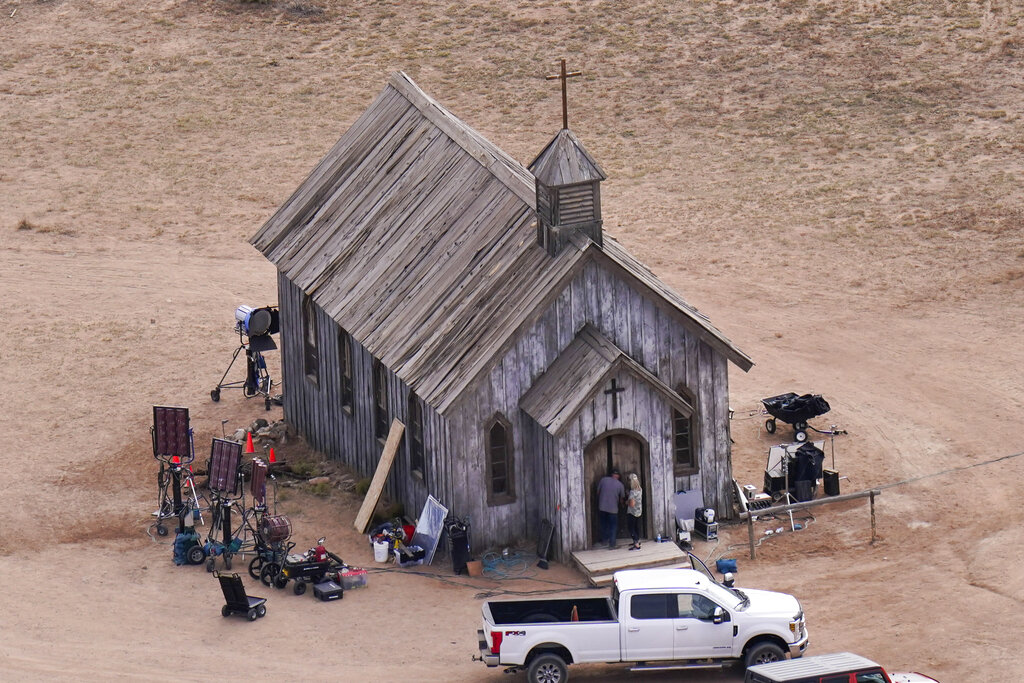 This aerial photo shows a film set at the Bonanza Creek Ranch in Santa Fe, N.M., Saturday, Oct. 23, 2021. (AP Photo/Jae C. Hong)