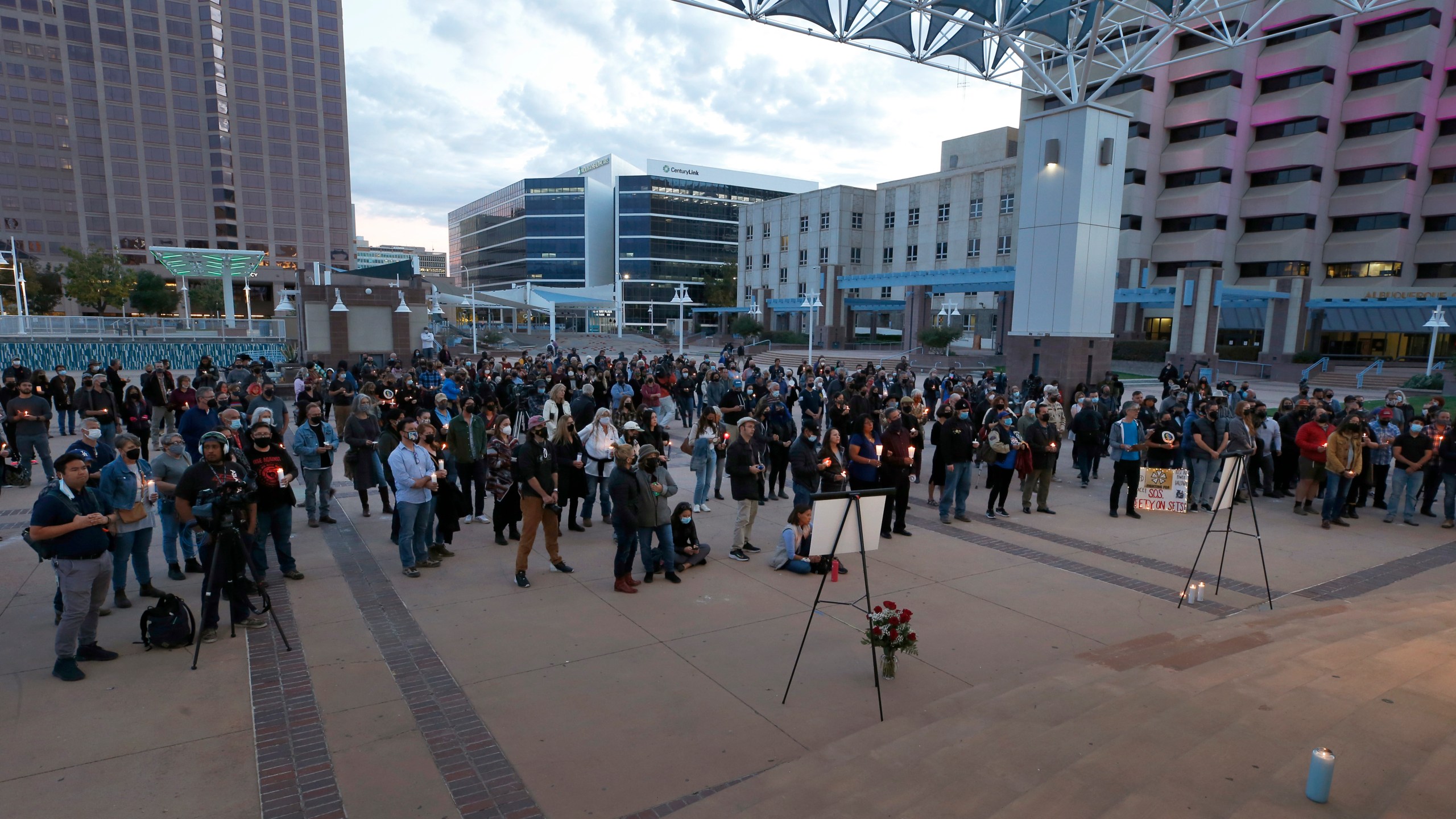 A large crowd of movie industry workers and New Mexico residents attend a candlelight vigil to honor cinematographer Halyna Hutchins in downtown Albuquerque, N.M. Saturday, Oct. 23, 2021. (AP Photo/Andres Leighton, file)